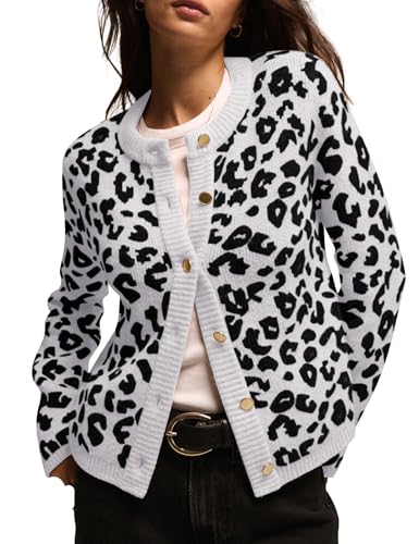 Image of Women Leopard Print Cardigan Open Front Button Down Sweater Long Sleeve Cotton Knit Fall Clothes Outerwear Coats White