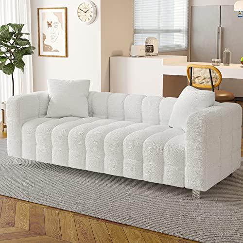Dolonm Modern Sofa Couch With Metal Legs Upholstered Tufted 3 Seater Couch With 2 Pillows Decor Furniture For Living Room, Bedroom, Office, 80 Inch Wide (White-Teddy) #TOP7