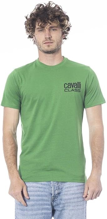 Cavalli Class Brilliant Green Signature Logo Fashion T-Shirt-L for Mens, Large