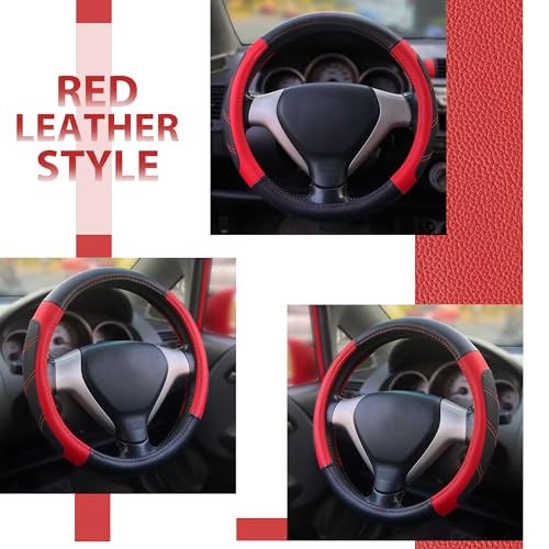 Image of Elantrip Leather Steering Wheel Cover 14 1 /2 to 15 inch Universal Padded Soft Grip Breathable for Car Truck SUV Jeep Anti Slip Black and Red