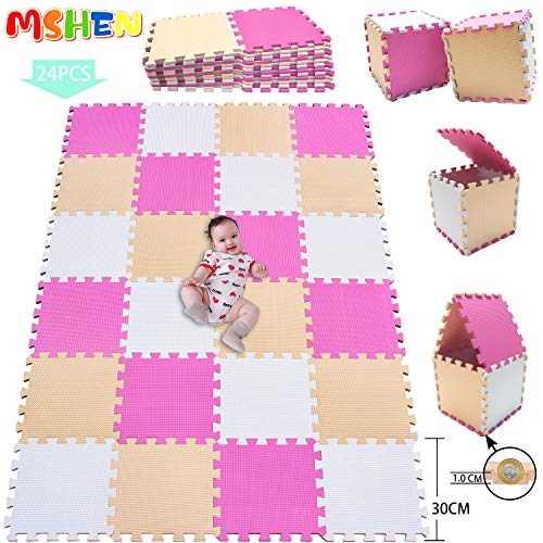 MSHEN 24 Piezas Alfombra Puzzle Bebe con Certificado CE y certificación EVA | Puzzle Suelo Bebe | Puede ser Lavado Goma eva,Tamaño 1.93cuadrado,blanco-rosa-beige-ACJg24