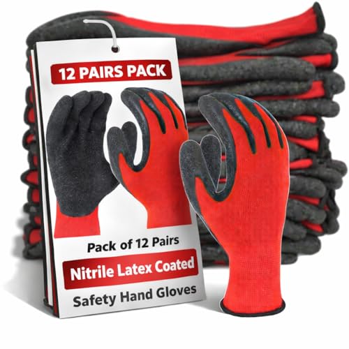 Image of Safety Gloves - Nylon Nitrile Coated Industrial & Home Cut Resistant Hand Gloves. (Black Red (Latex Coated), Pack of 12 Pairs)