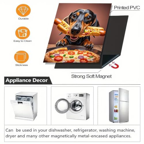 Image of HOMETITUTE Funny Dachshund Dog Magnetic Dishwasher Cover 23x26 Inch Hotdog Pizza Panel Magnet Sticker for Kitchen Appliance Fridge Door Wrap Pet Humor Theme Decorative Surface Art