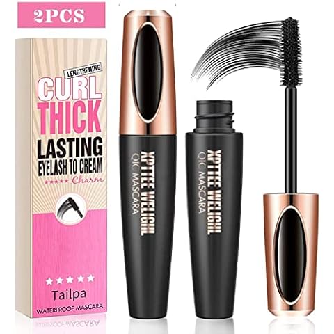 2PCS 4D Silk Fiber Eyelash Mascara Waterproof,Extra Long Lash Mascara,Lengthening and Thick,Long Lasting,Smudge-Proof,Voluminous Eyelashes,Natural Extension Mascara Cover