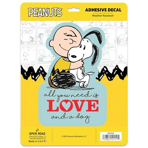 Image of Peanuts All You Need is Love and a Dog Adhesive Vinyl Decal | Adorable Snoopy Sticker for Car, Water Bottle or Laptop