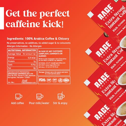 Image of RAGE COFFEE Extra Strong Premium Blend Coffee Powder|Pack Of 100|Premium, Bold & Instant|Instant Coffee & Chicory- 100% Arabica Beans For Hot & Cold Coffee|0.27 Kilograms|Sachets