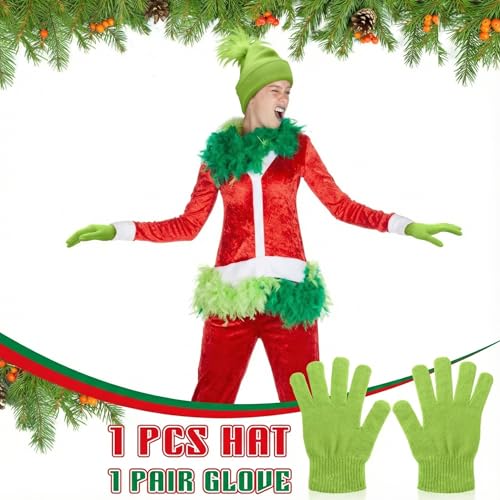 Image of Hicarer Christmas Cosplay Pom Beanie and Gloves Set Neon Green Knitted Winter Cuffed Beanie Cap Gloves Kit for Women Men Xmas Party