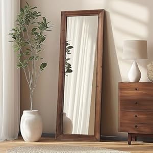 Rustic farmhouse full length mirror 64x21 wood frame floor mirror with stand free standing mirror leaning or hanging full body mirror tempered glass long mirror for bedroom living room brown  urban country home decor