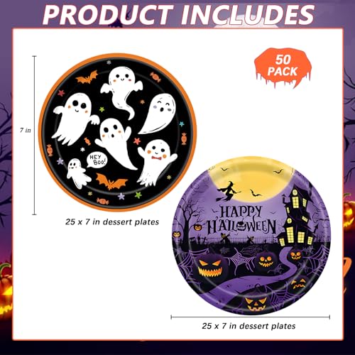 Image of 50Pcs Halloween Paper Plates Party Supplies White Ghost Paper Plates 7 inch