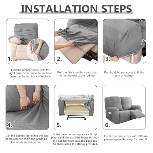 Funda de sillón relax de 6 piezas de terciopelo elástico gris para sofá de televisión 7