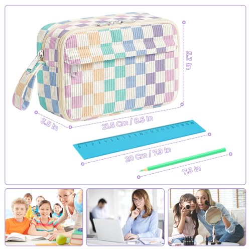 Image of WOBAGMEN Cute Pencil Case,Large Corduroy Zippered Pencil Case Pouch, aesthetic Pencil Bag with Compartments, Pencil Pouch School Supplies (Colorful checked)
