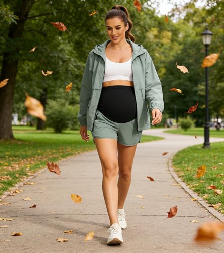 Image of PACBREEZE Women's Maternity Shorts Over Belly Quick Dry Workout Athletic Running Shorts with Zipper Pockets