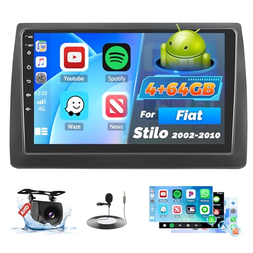 Roinvou 4+64G Android Autoradio pour Fiat Stilo 2002-2010 sans Fil CarPlay Android Auto MirrorLink, 9 Pouces Écran Tactile Radio avec Bluetooth WiFi GPS 32EQ FM/RDS SWC...