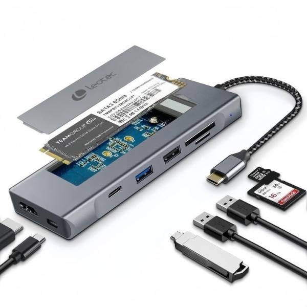 Docking/Caja Externa USB Tipo-C Leotec LEDS07/ Ranura SSD M.2/ 2xUSB/ 1xUSB Tipo-C/ 1xHDMI 4K/ 1xLector Tarjetas SD y MicroSD/ 1xUSB Tipo-C PD
