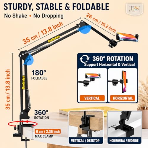 Image of BROLAVIYA Overhead Video Mobile and Tablet Stand, New Extra Long Arm, 1 /4 inch Head 2 Way Base clamp, and Brackets for Mobile Phone and Tablet, for Overhead Video, Desktop, Bedroom, Office, Black