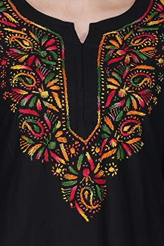 Image of Vahson Women Cotton Regular Fit Designer Lucknow Chikankari Hand Embroidered /Embroidery Short Kurti Tunic Top, Black,Small