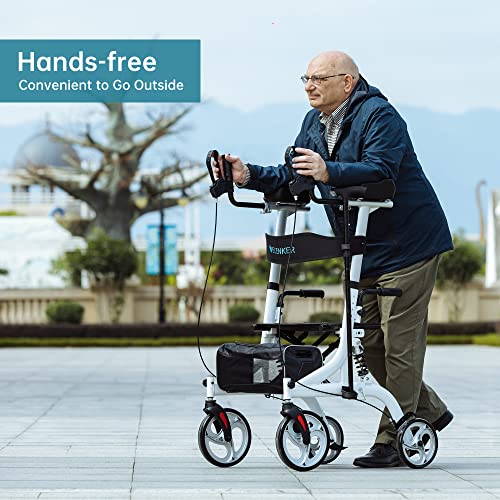 Elenker Upright Rollator Walker, Stand Up Rollator Walker With Shock Absorber, 10” Front Wheels And Carrying Pouch, Suitable For Outdoor, White #TOP3