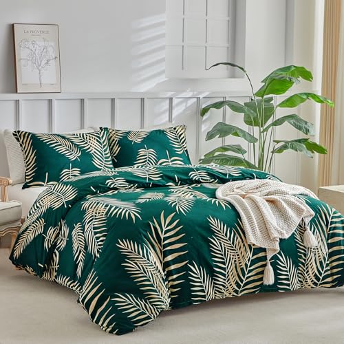 Image of Lekesky King Duvet Cover Set, Green and Gold Tropical Palm Leaf Pattern Comforter Cover King Size, 3 Pieces Soft Microfiber Bedding Sets with Zipper & 2 Pillowcases, Comforter Not Included