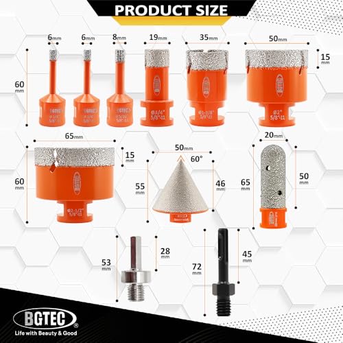 Image of BGTEC Tile Hole Saw Kit Diamond - 11PCS 5 /8-11 Thread Drill Bits 6 /6 /8 /19 /35 /50 /65mm+50mm Beveling Chamfer Bit+20mm Finger Bit+SDS /HEX Adapter for Pocelian Tile Ceramic Marble Granite Stoneware