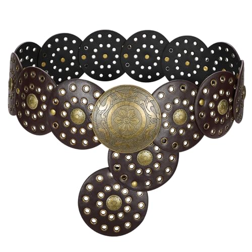 Image of WERFORU Women Wide Western Disc Belt Cowgirl Boho Leather Belt for Jeans Dress