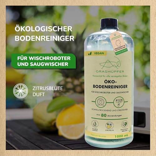 GRASHÜPFER® Öko Bodenreiniger für Wischroboter [ZITRUSBLÜTE] - Wischroboter Reinigungsmittel kompatibel mit Roborock, Dreame, Ecovacs & Co. geeignet für Laminat, Parkett, Vinyl & Fliesen - 1000ml 2
