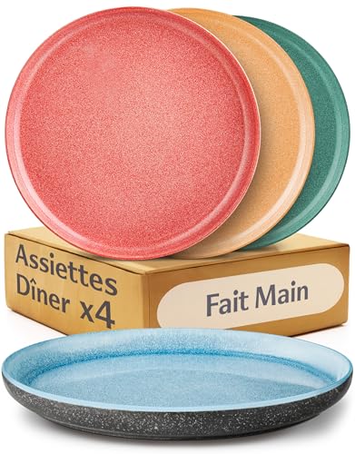 Cosumy 4 pièces Assiette Plate en Grès Ø26,7 cm – Assiettes Artisanales avec Glaçure Réactive – Couleurs Vibrantes, Micro-ondes et Lave-vaisselle Compatible – Set de 4 Assiettes