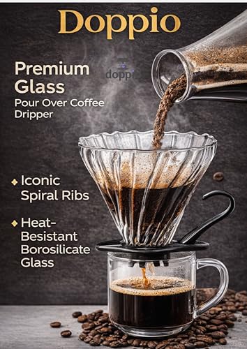 Image of DOPPIO Premium Glass Pour Over Coffee Dripper | Borosilicate V60 Style Filter | Spiral Ribbed Design | Removable Base | Reusable Manual Coffee Maker for Home & Office (Size 02, Black Handle)