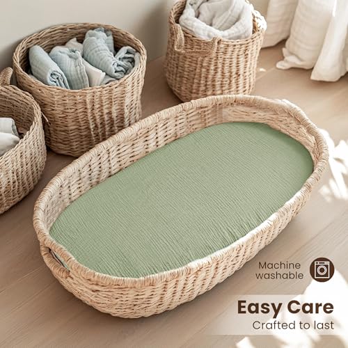 Image of Konssy 2 Pack Muslin Bassinet Sheets for Baby Boy, 100% Cotton Soft Breathable Bassinet Mattress Sheets Fit for Hourglass Oval Cradle Rectangle Mattress (Palm Paradise,Sage)
