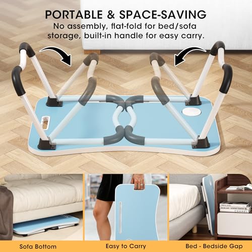 Image of Folding Lap Desk, 23.6 Inch Wood Laptop Bed Desk with Cup Holder, Portable Bed Table for Working Writing Reading & Eating for Bed, Sofa, Couch, Floor - Blue
