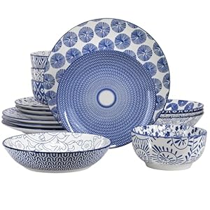 Elama Aurora 16 Piece Assorted Design Double Bowl Porcelain Blue Graphic Dinnerware Set, Tableware, Serveware, Dinnerware Set, Bowl Set (16 Piece)