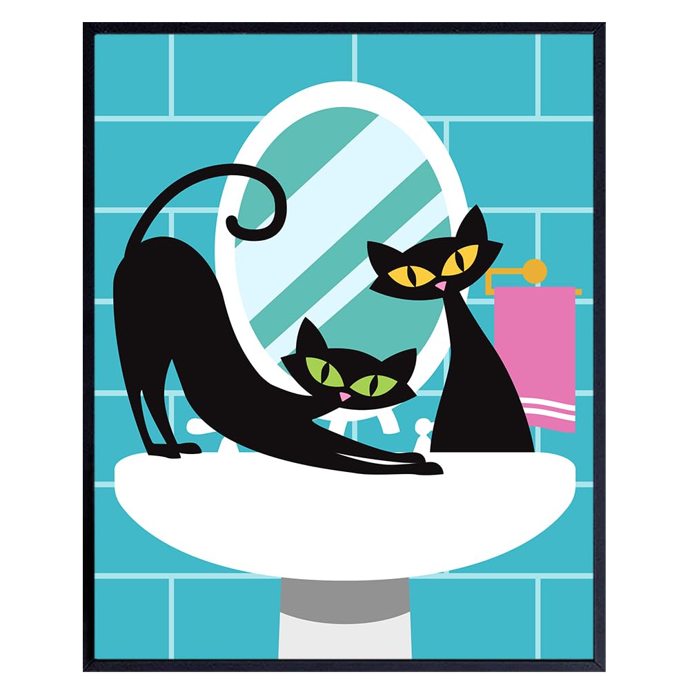 Cute Cat Bathroom Wall Decor - Mid Century Cat Wall Decor for Women, Woman, Girl - Black cat Mid Century Modern Bathroom Decor - funny Cat Mid century modern Wall Art for Cat Mom - Blue Bathroom Decor