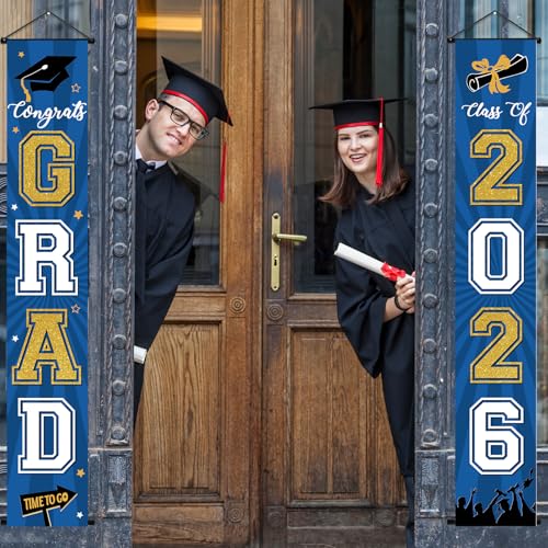 Image of Graduation Banner 2026 Graduation Decorations Blue and Gold Grad Banner Porch Sign Class of 2026 Door Decor Congrats Hanging Backdrop Blue Gold Grad Party Decor for School Congratulations Supplies