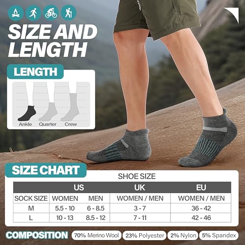 Image of 6 Pairs Merino Wool Ankle Running Hiking Socks Compression Support Breathable Thick Cushion No Show Socks for Women Men