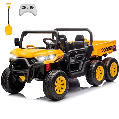 sopbost 2 Seater 24V Kids Ride On Truck with Electric Dump Bed, Extra Shovel, 4WD Battery Powered Ride On Toy Car with Remote Control, Music Play, EVA Tires Wheels, Yellow