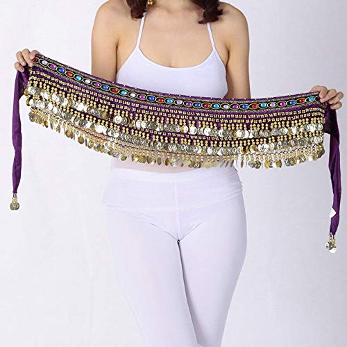 Image of VRITRAZ Women's Chiffon Belly Dance Hip Scarf Waistband Belt Skirt Mixed Colors Beads and Golded Coins 56 Black