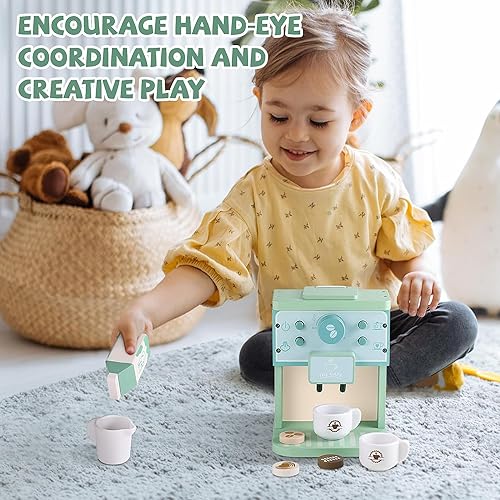 Image of Wooden Coffee Machine Toy Set with Acessories- Pretend Play Toys for Kids- Kitchen Toys for Girls & Boys