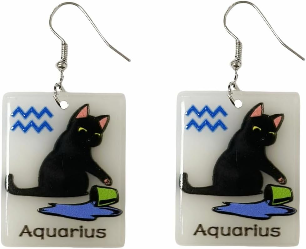 12 Zodiac Sign Black Funny Cat Earrings for Women Glowing In The Dark Kawaii Kitty Dangle Earrings Constellation Acrylic Cute Anime Cat Animal Lover Jewelry Astrology Charms Birthday Gifts