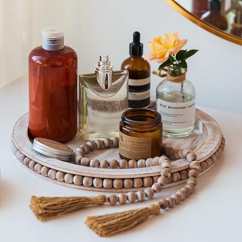 MULAIBDIN 2er Set Deko Tablett Aus Holz - Rundes Serviertablett - Für Kerzen & Deko - Vintage Design Braun