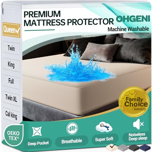 Image of OhGeni Waterproof Mattress Protector, Queen Size Mattress Pad Fitted with Deep Pocket 6 inch-18 inch, Breathable Noiseless Soft, Washable DirtProof Mattress Cover, Beige, More Than 99 pcs fibers, Daybed Cover