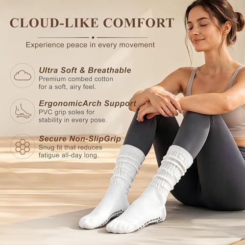Image of BISOUSOX Pilates Grip Socks for Women, Slouch Scrunch Non Slip Yoga Socks, Ankle Crew Socks for Home, Workout, Hospital