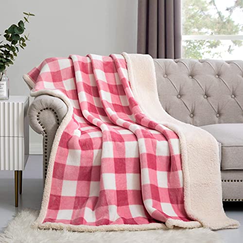 Image of PU MEI Sherpa Fleece Throw Blanket Reversible Plush Fluffy Lattice Flannel Blankets for Sofa Couch Bed,60 inchx80 inch,Pink
