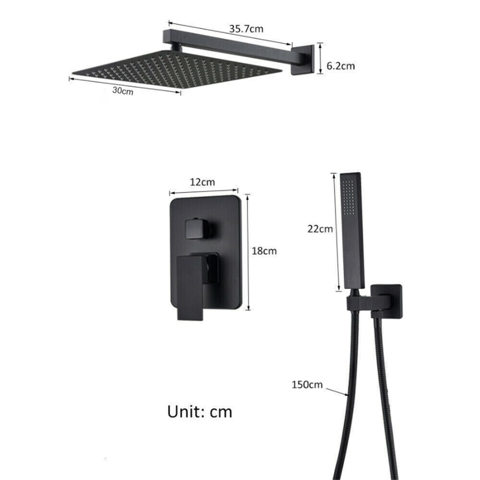 Zestaw akcesoriów do montażu podtynkowego, akcesoria prysznicowe do montażu podtynkowego, słuchawka prysznicowa w kolorze czarnym, deszczownica 30 cm, kolumna prysznicowa, system prysznicowy z