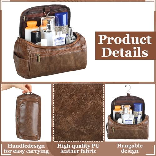 Aliceset 6 Pcs Groomsmen Gift Groomsmen Toiletry Bags Set of 6 Leather Toiletry Bag for Men with Hook Leather Wedding Proposal Bag with Side Handle Father Gift(Dark Brown)3