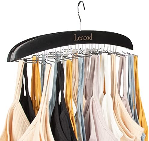 Leccod Upgrade Tank Top Hanger, Bra Hangers Space Saving Wooden 360° Rotating Non-Slip 24 Foldable Metal Hooks Closet Organizer for Camisole, Bathing Suit, Bra, Scarf, Tie and Belt (Black,1 Pack)