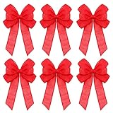 Xinnun 6 Pcs Burlap Bows Knot Handmade Ribbon Bows Natural Rustic Burlap Wreath Decorative Bowknot Ornament for Tree Decorate Festival Holiday Party Supplies(Plain Style,Red)