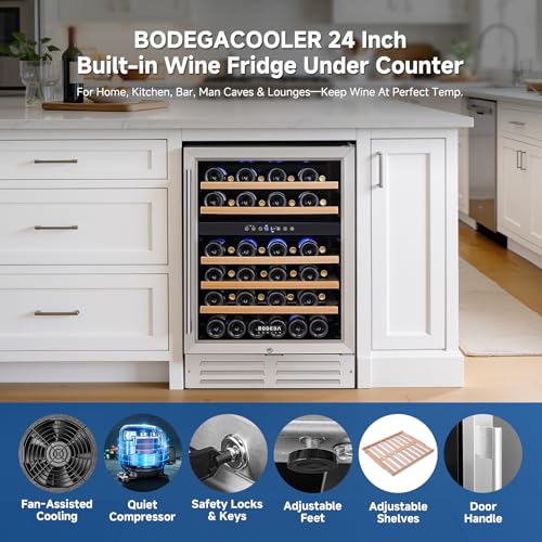 Image of BODEGA 24 Inch Wine Fridge 46 Bottle, Dual Zone Compressor Wine Cooler with UV-Protected Glass Door, 41-72F Temp Control, Quiet Under 45dB, Built-in or Freestanding for Home Kitchen Bar (5.3 cu.ft)