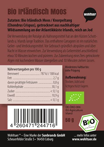 Wohltuer Bio Irländisch Moos 50g, Irish Moss, Knorpeltang (Chondrus crispus) aus nachhaltiger Sammlung an der Atlantikküste, Ganze Algen getrocknet in Rohkostqualität