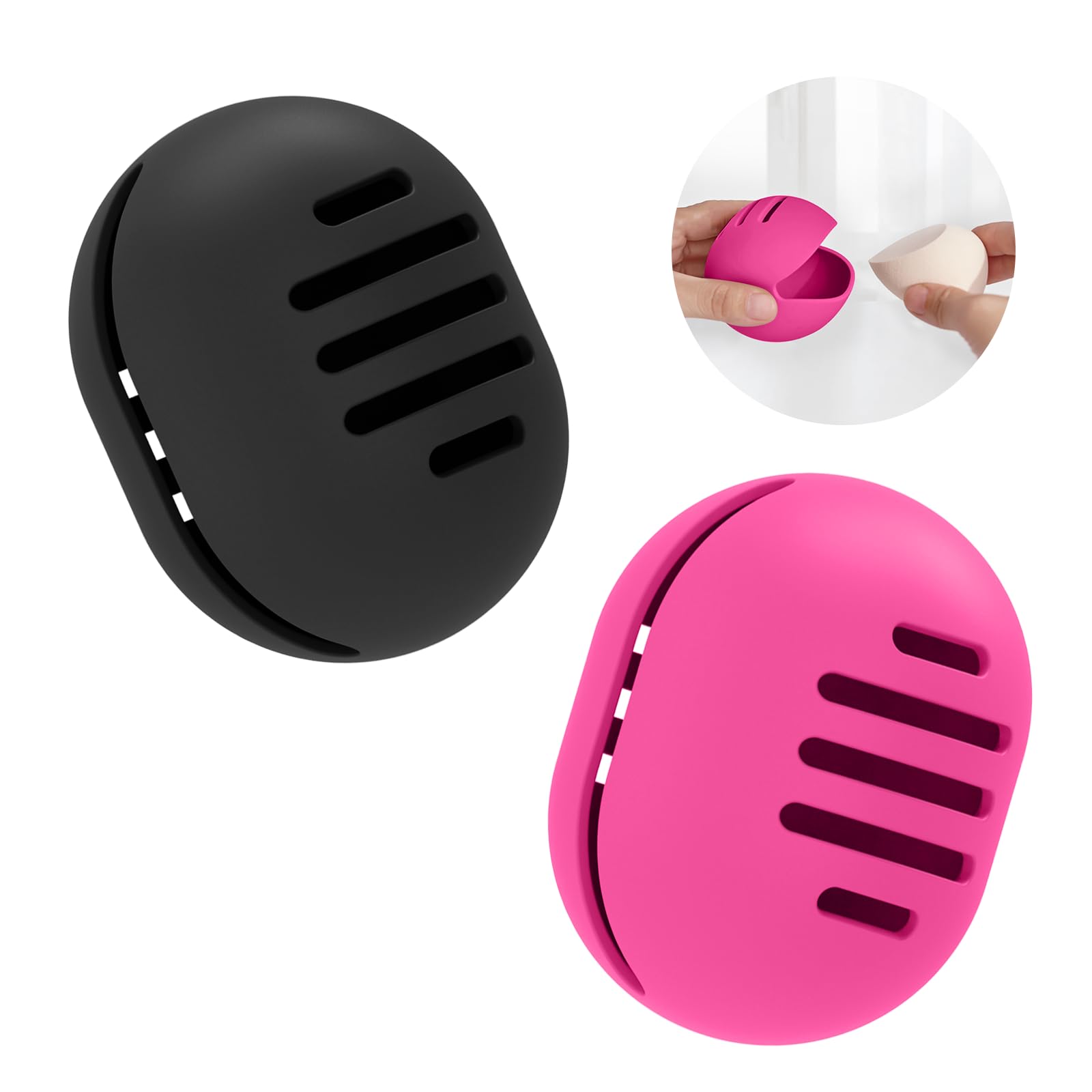 Fauxomor 2pz Custodia Spugna per Trucco Doppia Faccia Traspirante per Viaggio,Porta Spugna in Silicone per Beauty Makeup Blender,Riutilizzabile Facile Trasportare,Nero+Rosso Rosa