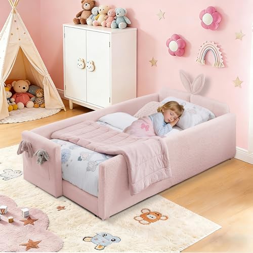Image of Twin Size Bed Frame for Kids, 83 inch Upholstered Daybed Montessori Platform Floor Bed W /Safety Rails & Storage Pocket Cute Rabbit Ear Shaped Headboard for Girls Boys, Pink