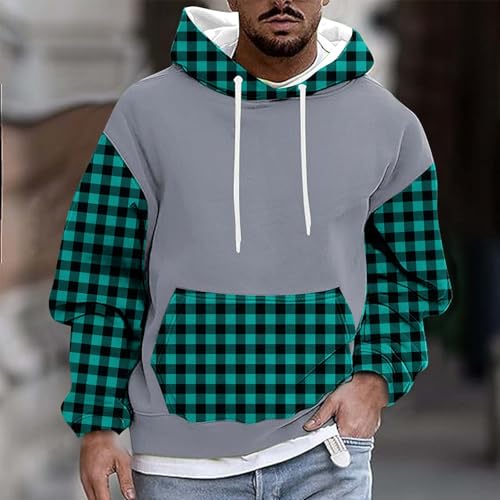 Mens Plaid Color Block Hoodie Fleece Hooded Sweatshirt Big and Tall Casual Hoodies with Front Pocket2